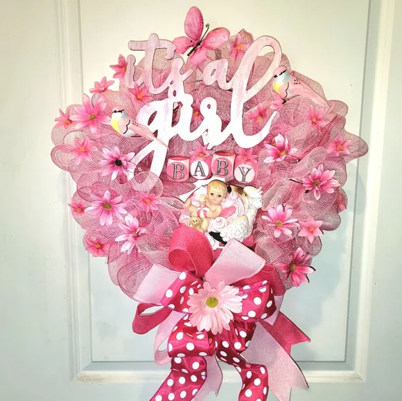 It's a Girl Wreath Deco Mesh Hand Painted Baby Stork Floral - Picture 3 of 13